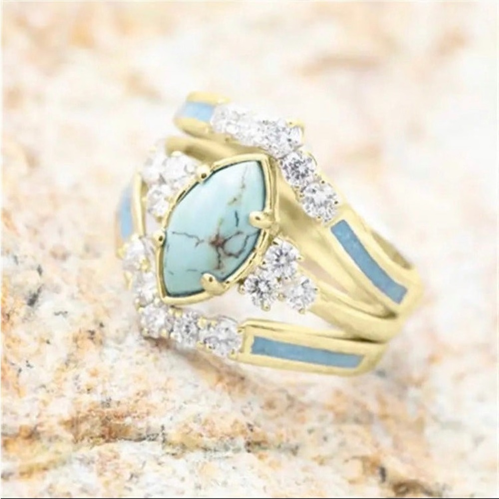 3 Pieces/Set Women's 18K Gold Plated Multilayer Turquoise/Moissanite Rings